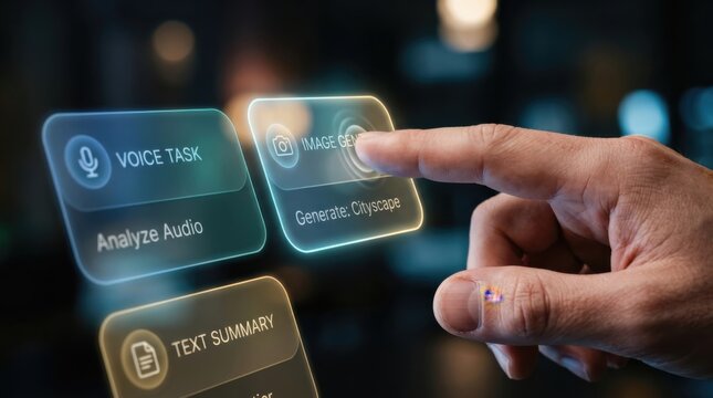 Man finger touching virtual screen with ai interface for image generation. Digital assistant menu with voice task and text summary buttons. Future interactive technology concept.