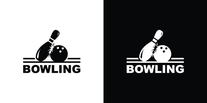 Bowling logo design with bowling pin and ball on white and black background.