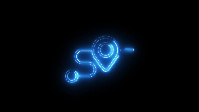 Neon blue animated icon of a location pin destination and route path for navigation.