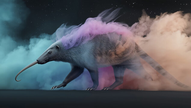 星空の色煙の中で長い鼻を伸ばして歩く幻想的なアリクイ