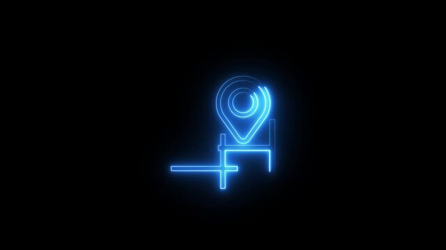 Neon blue map pin icon glowing on dark background for digital navigation concept.
