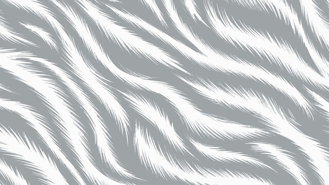 Abstract illustration featuring flowing white fur-like strokes against a solid grey background, creating a dynamic, wavy pattern that suggests elegance, motion, and minimalist artistic texture design.