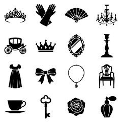 Sixteen black vintage silhouette featuring tiaras, gloves, fans, chandeliers, carriages, crowns, mirrors, chairs, dresses, and keys on white © Mia1000