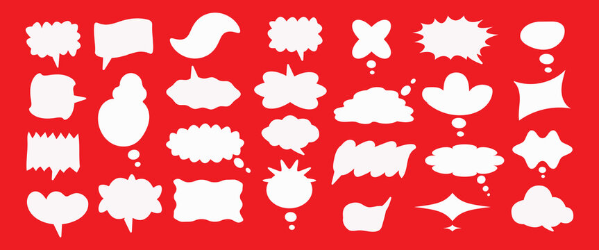 Collection of white speech bubbles and thought clouds on red background for comics and cartoons