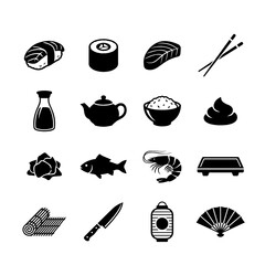 Sixteen black silhouette featuring japanese food, sushi, dining tools, and cultural isolated on a plain white background © Mia1000