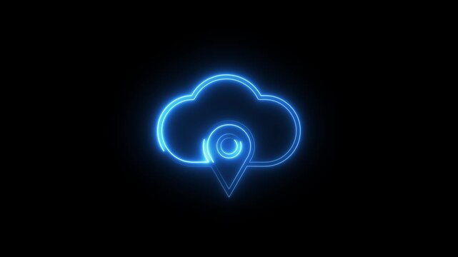 Neon blue cloud with location pin icon animation isolated on black background video.