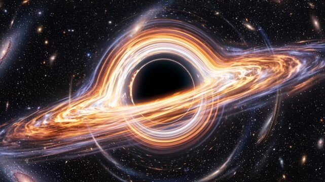 Majestic black hole in deep space with glowing accretion disk and gravitational lensing effect, surrounded by stars and distant galaxies, cosmic celestial phenomenon, 3d render