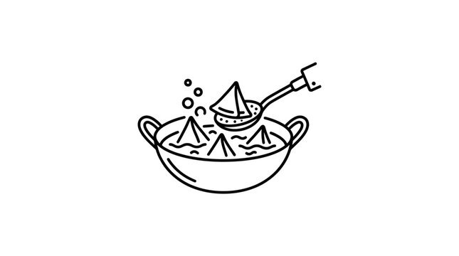 A simple line art illustration of a cooking pot with triangular dumplings being scooped out.
