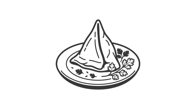 A hand drawn black and white illustration of a single crispy samosa served on a small plate.