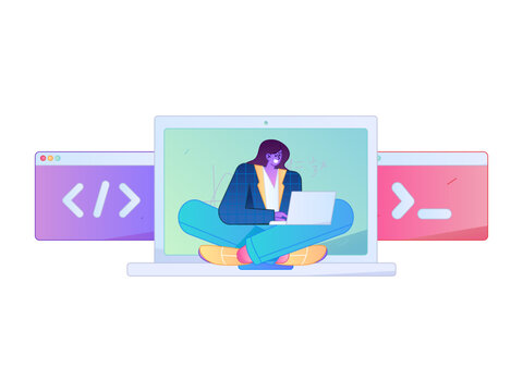 Programming teaching development flat character vector concept operation hand drawn illustration
