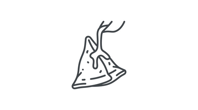 A simple line art illustration of a samosa being drizzled with sauce.