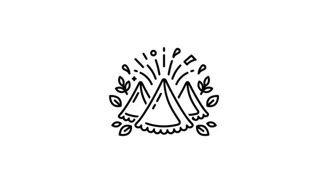 Minimalist line art illustration of three delicious crispy samosas with decorative herbal accents.