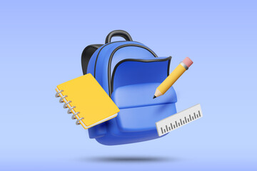 3d vector blue school backpack illustration with yellow notebook pencil and ruler floating, student rucksack stationery back to school education concept isolated on background design © Khomkrid