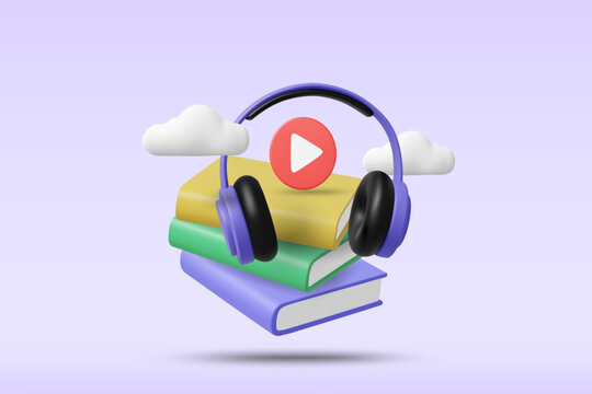 3d vector audiobook application concept with stack of books and headphone, online learning media, digital file listen and e-learning education content isolated background illustration design