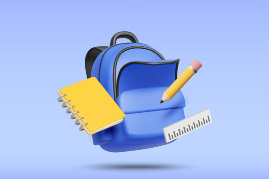 3d vector blue school backpack illustration with yellow notebook pencil and ruler floating, student rucksack stationery back to school education concept isolated on background design