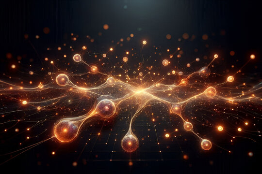 High tech abstract background showcasing organic bio energy flow with glowing cellular structures connected by vibrant electrical synapses 3d rendering