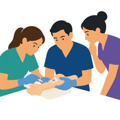 Fototapeta premium Medical professionals performing a clinical procedure on a patient arm.