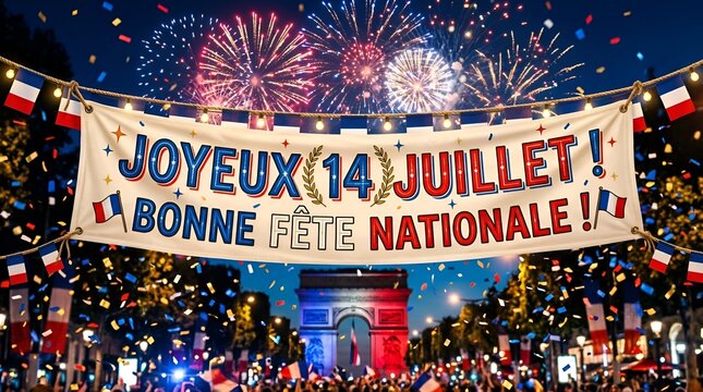 France National Day Celebration: Fireworks & Banner at Arc de Triomphe