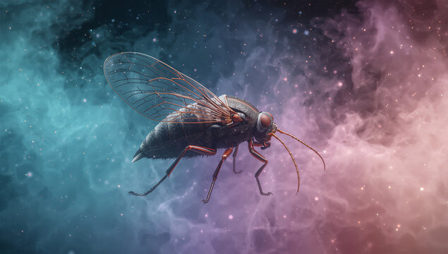 星空の色煙の中で殻から羽化する幻想的なセミ