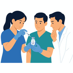 Fototapeta premium Medical professionals preparing a vaccine dose for patient administration.