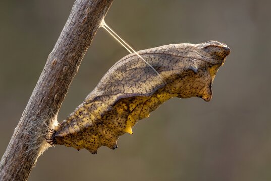 Macro profile of single swallowtail pupa displaying both silk girdle thread and cremaster attachment