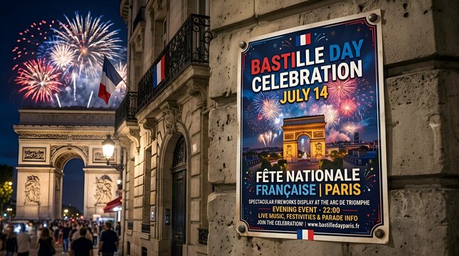 Paris Bastille Day Celebration Poster with Arc de Triomphe and Fireworks
