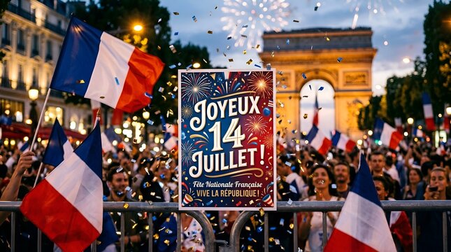 Paris Bastille Day celebration with crowds, flags, and fireworks near Arc de Triomphe