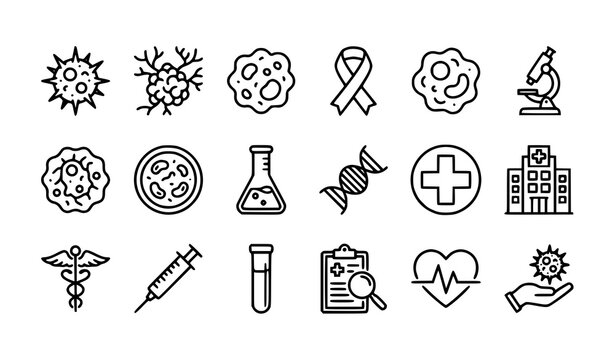 Cancer disease vector icon collection with oncology cell illustrations on white background