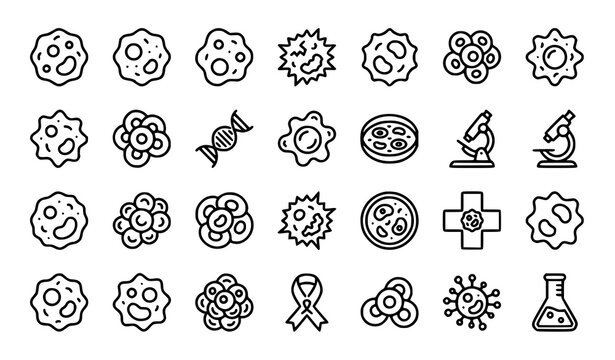 Professional cancer cell vector bundle with oncology pathology and medical research icons