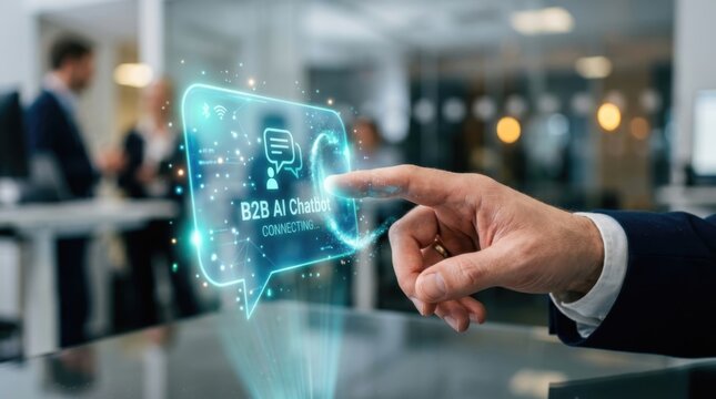 Man interacting with virtual B2B AI chatbot on digital interface. Business professional using futuristic technology for customer support, data automation and artificial intelligence communication.