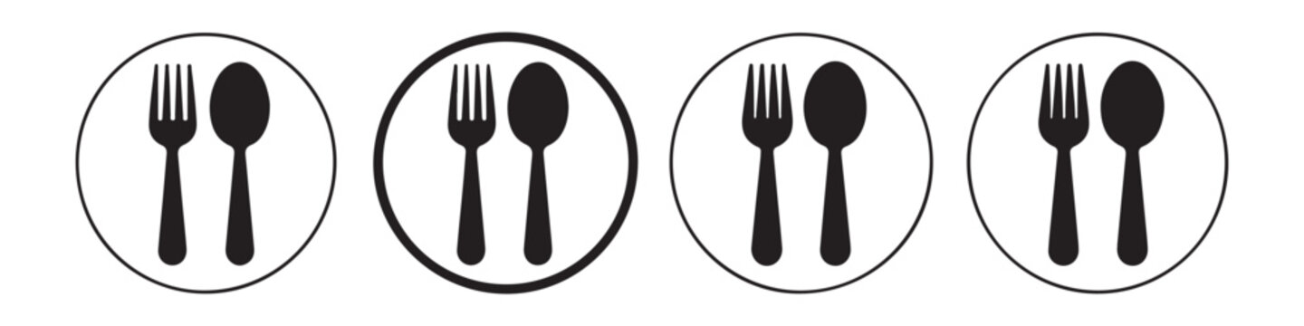 Restaurant dining symbols with fork and spoon inside circle icon set in black flat vector style.