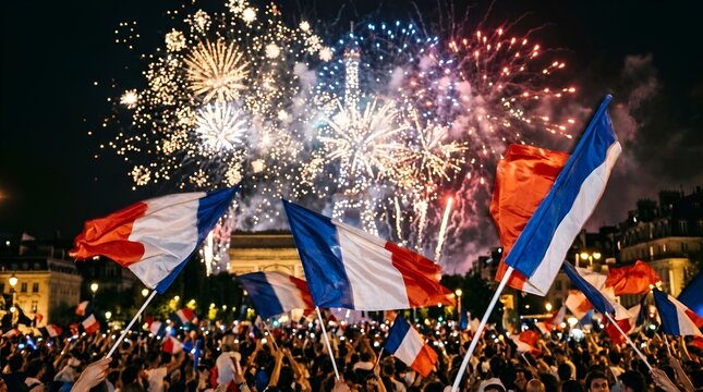 People wave French flags celebrating fireworks display at night