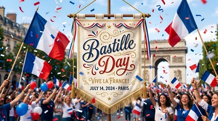 Bastille Day Celebration with French Flags and Confetti in Paris