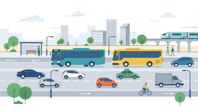 City traffic, busy street with cars, buses, taxi, truck, cyclist, train