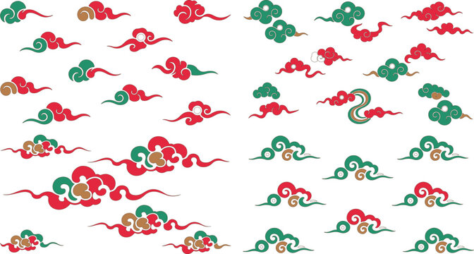 Colorful swirling cloud patterns in red green and brown on white background
