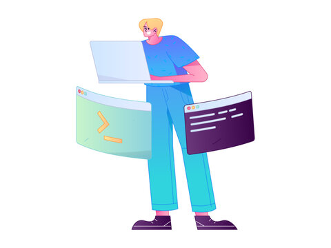 Programming teaching development flat character vector concept operation hand drawn illustration
