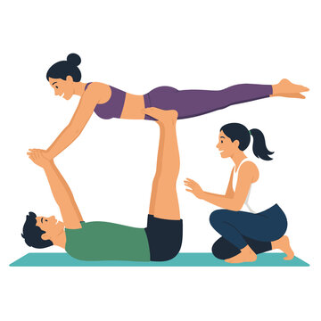 People practicing acro yoga poses together in a studio setting.