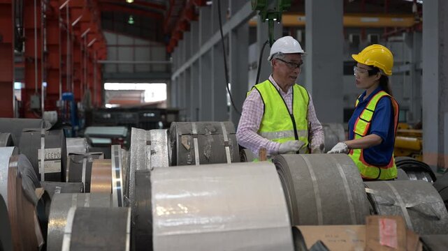 Two professional industrial engineers wearing safety helmets and uniforms examining large steel coils and discussing inventory control processes inside a heavy manufacturing factory facil...