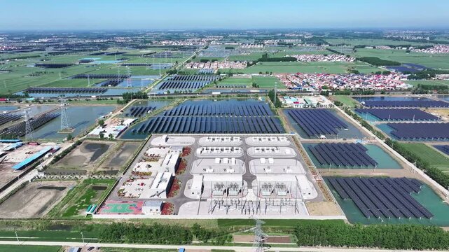 Aerial view of a large-scale photovoltaic power station integrated with wastewater treatment facilities