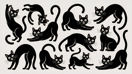 Obraz premium Playful black cats stretching and posing with expressive faces in a whimsical flat illustration style