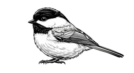 Black capped chickadee bird hand drawn ink sketch illustration on white background. © Pasni