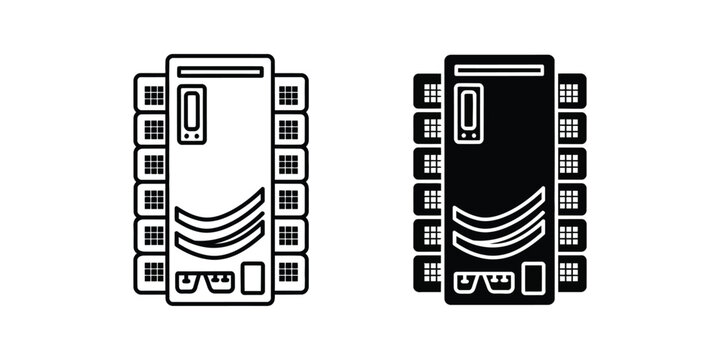 Computer server tower set with side expansion slots and port details in outline and solid black style