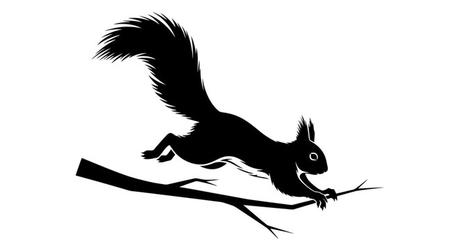 Black silhouette of a squirrel jumping on a tree branch isolated on white background.