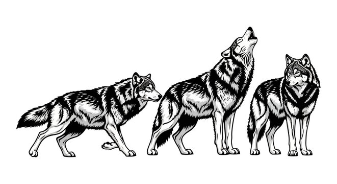 Hand drawn wolf pack illustration featuring three wolves in different poses including howling and standing.