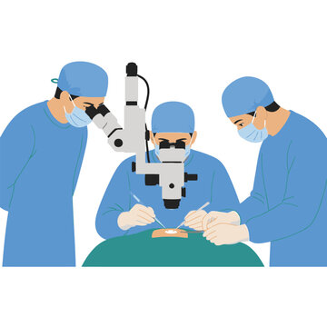 Medical team of surgeons performing a delicate microsurgery procedure using a specialized microscope.