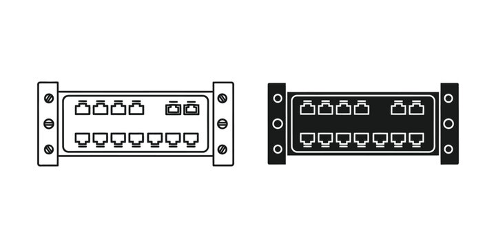Network patch panel set featuring outline and solid black for server room infrastructure setup ethernet