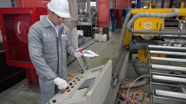 Professional industrial engineer wearing safety helmet and uniform pressing buttons and closely monitoring the manufacturing process on the main control station facility.