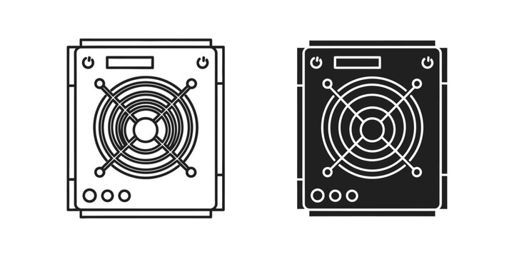 Power supply unit psu set in outline and solid black style for computer hardware and pc energy management