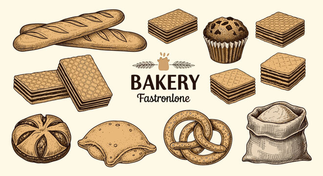 Bakery shop banner design features hand drawn illustrations of bread, pastries, and pretzels with vintage style typography.