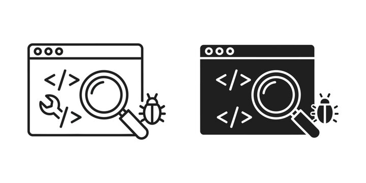 Software debugging and code analysis set featuring magnifying glass wrench and bug symbols in linear and solid
